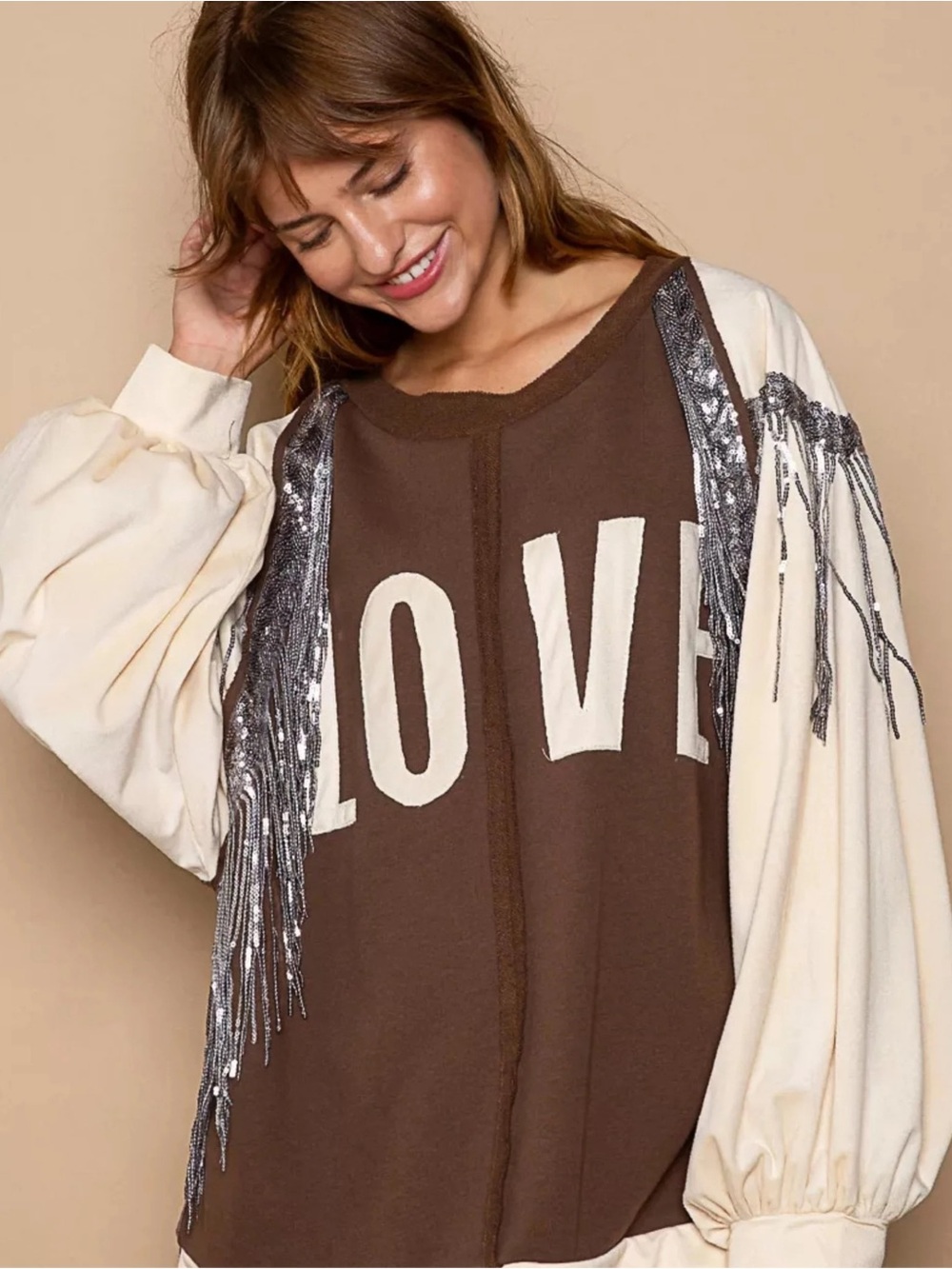 NWOT | POL | Balloon Sleeve French Terry Sweatshirt with Sequin Tassel | size S